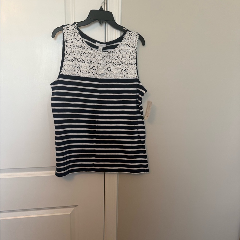 Charter Club Navy & White Striped Tank with Lace Yoke